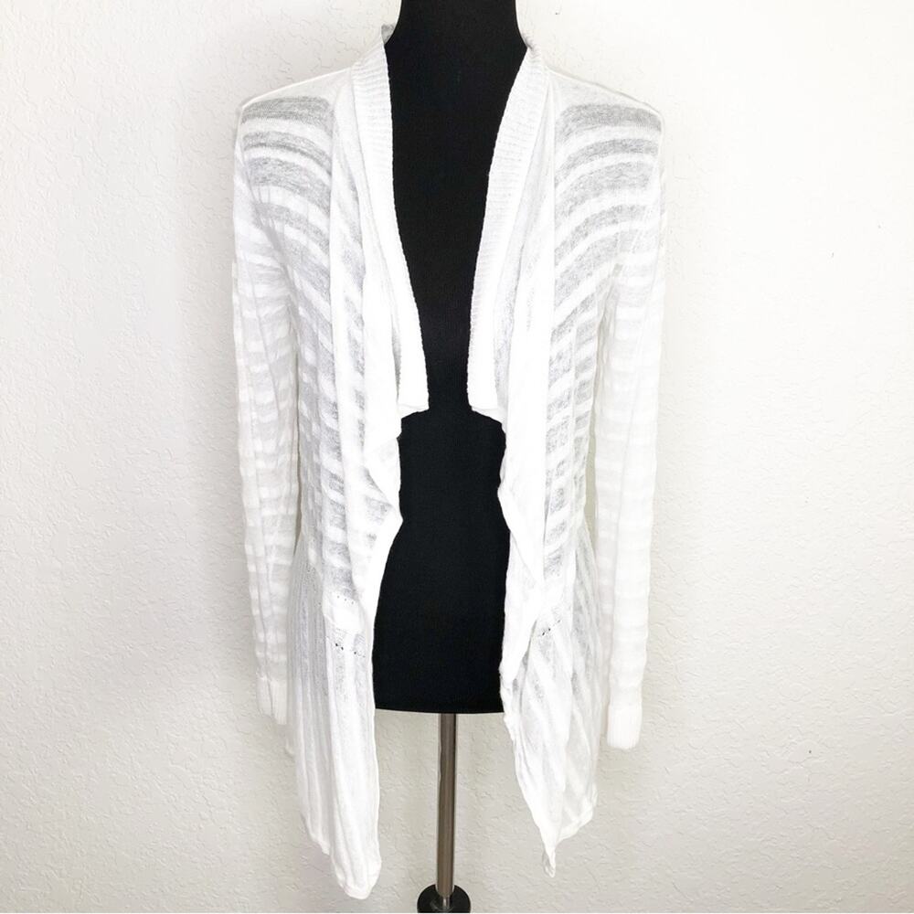 White + Warren white striped open front linen blend cardigan size Medium